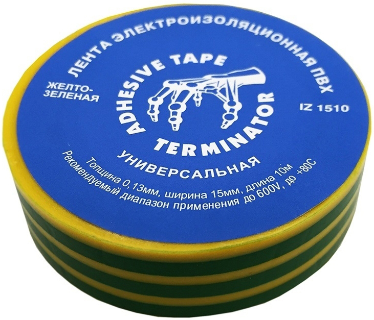 Изолента желто-зеленая ПВХ 0,13 мм, 15 мм, 10 м Terminator IZ 1510G/Y ...